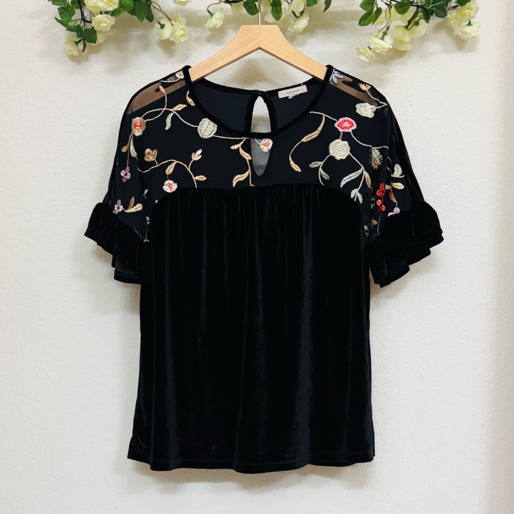 Pleione • Black Velvet Floral Embroidered Ruffle Sleeve Top with Mesh Yoke